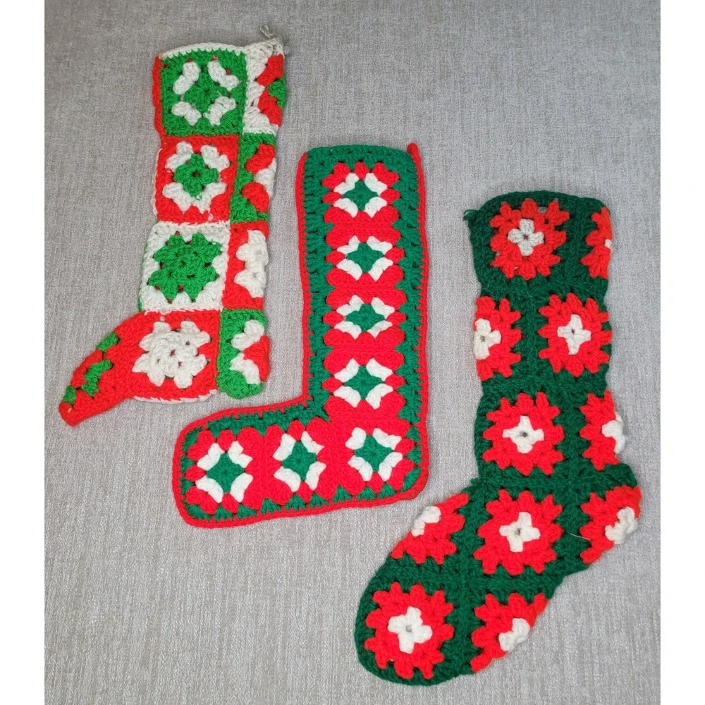 3 Vintage Hand Made Christmas Stockings Red Green White Granny‎ Square Crochet